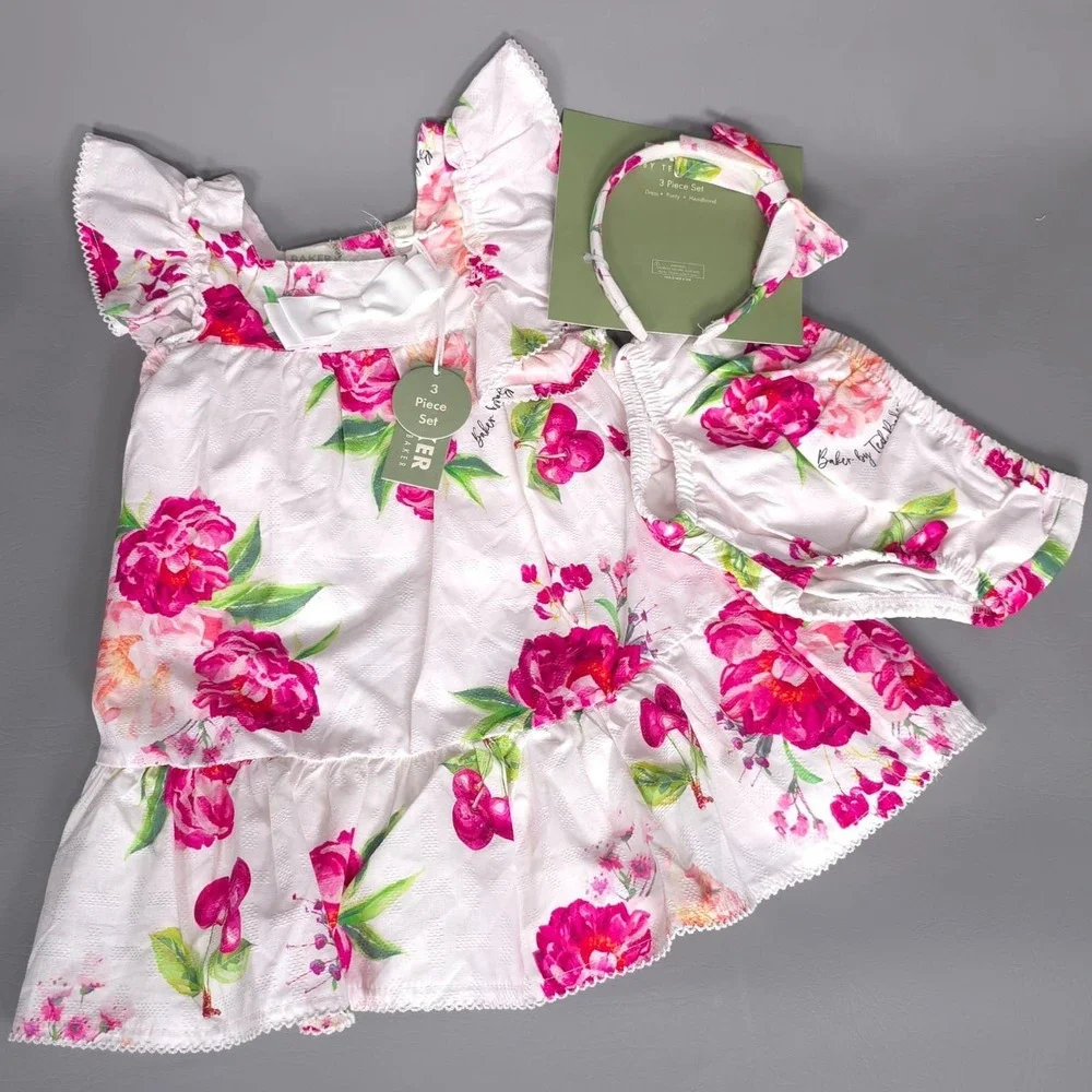 BAKER BY TED BAKER New Kids Baby Dress Set Floral 3Pc Outfit Headband‎ Panty 24M
